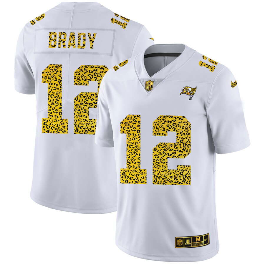 Custom Tampa Bay Buccaneers 12 Tom Brady Men Nike Flocked Leopard Print Vapor Limited NFL Jersey White